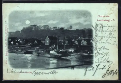 Mondschein-AK Lauenburg a. E., Ortsansicht mit Elbe und Schiffsanleger bei Nacht