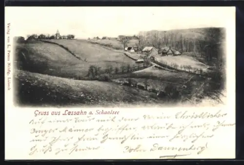 AK Lassahn a. Schaalsee, Dorfansicht mit Kirche und Gehöften
