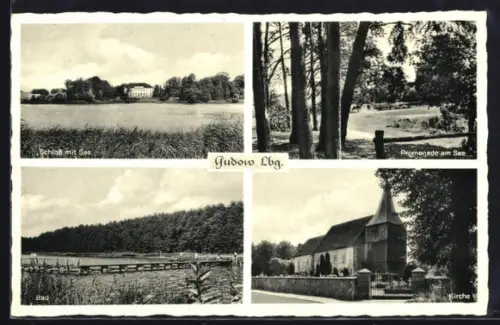 AK Gudow /Lbg., Schloss mit See, Promenade am See, Bad, Kirche