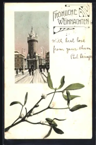 AK Frankfurt a. M., Eschenheimer Tor, Winteransicht, Weihnachtskarte