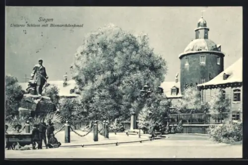 AK Siegen, Unteres Schloss mit Bismarckdenkmal