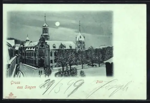 Mondschein-Lithographie Siegen, Verschneites Gebäudeensemble bei Nacht