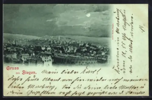 Mondschein-AK Siegen, Stadtansicht bei Nacht