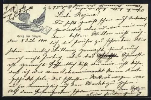 AK Siegen, Taube mit Brief, Grussmotiv