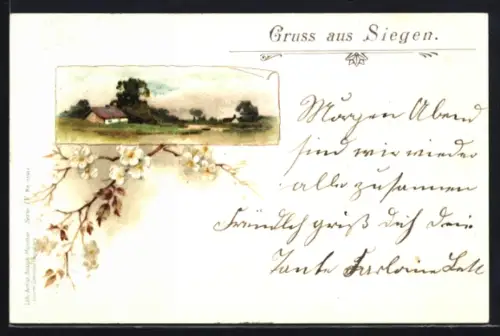 AK Siegen, Landschaft mit Bauernhaus und blühenden Zweigen