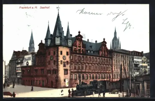AK Alt-Frankfurt, Saalhof, Eisenbahn, Dom im Hintergrund