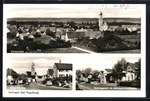 AK Inningen bei Augsburg, Ostansicht, Hauptstrasse, Bobingerstrasse mit Milchsammelstelle