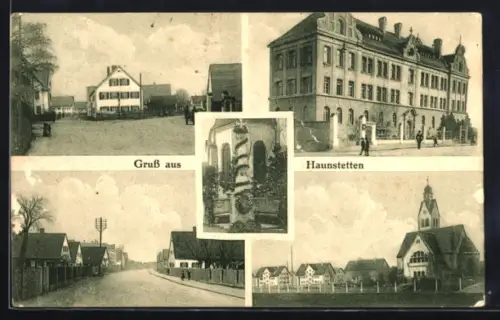 AK Haunstetten, Kirche, Strassenpartie im Ort