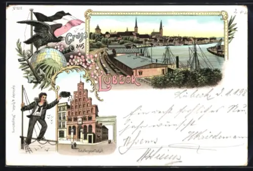 Lithographie Lübeck, Hafenansicht, Schiffergesellschaft