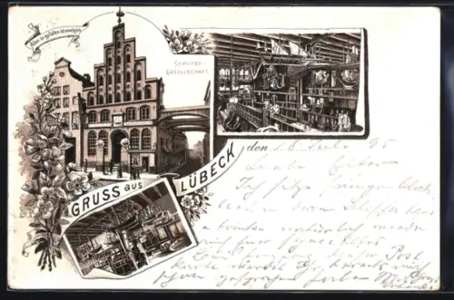 Vorläufer-Lithographie Lübeck, 1895, Schiffergesellschaft, Innenansichten