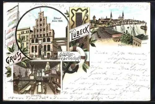 Lithographie Lübeck, Schiffergesellschaft, Hafen, Brauhaus Anno 1535