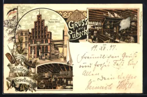 Lithographie Lübeck, Schiffergesellschaft, Innenansicht