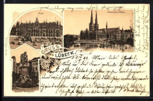 Lithographie Lübeck, Post, Museum und Dom