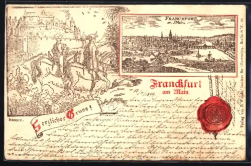 Lithographie Frankfurt am Main, Ortsansicht mit Mainpartie, Reiter, Schloss