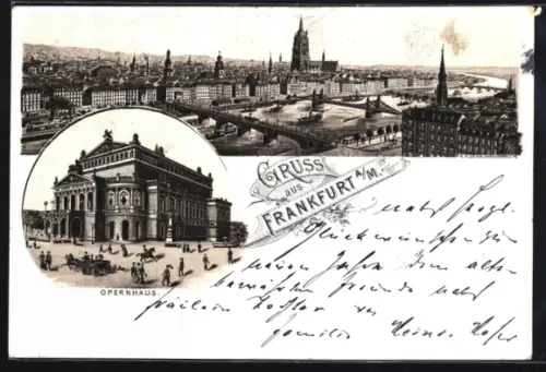 Lithographie Frankfurt a. M., Opernhaus, Ortspanorama mit Main