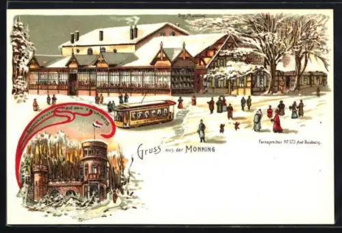 Lithographie Duisburg, Monning, Strassenbahn, Aussichtsturm