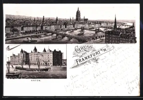 Lithographie Frankfurt a. M., Teilansicht mit Kirche, Hafen