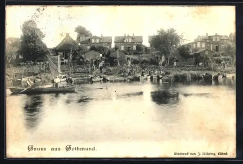 AK Gothmund, Uferpartie mit Booten