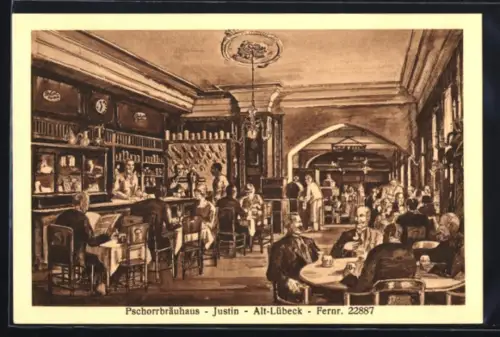 Künstler-AK Alt-Lübeck, Gasthof Pschorrbräuhaus Justin, Innenansicht