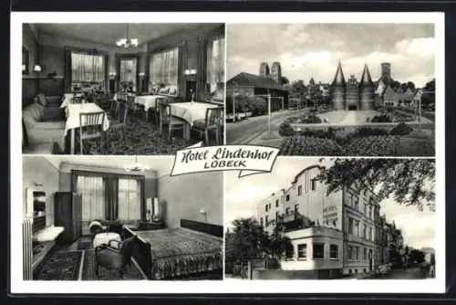 AK Lübeck, Hotel Lindenhof, Aussen- und Innenansichten, Stadtansicht