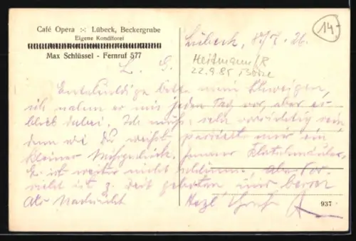 AK Lübeck, Cafe Opera, Beckergrube, Innenansicht