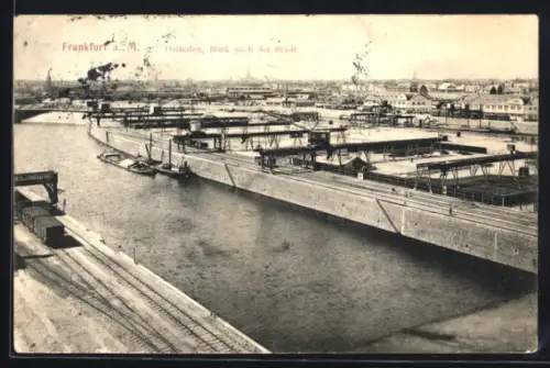 AK Frankfurt-Ostend, Osthafen mit Blick nach dem Ort