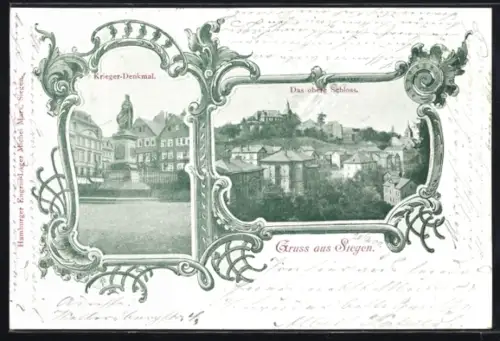 Lithographie Siegen, Oberes Schloss, Krieger-Denkmal, Passepartout