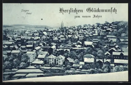 AK Siegen, Totalansicht mit Kirche im Winter, Neujahrsgruss