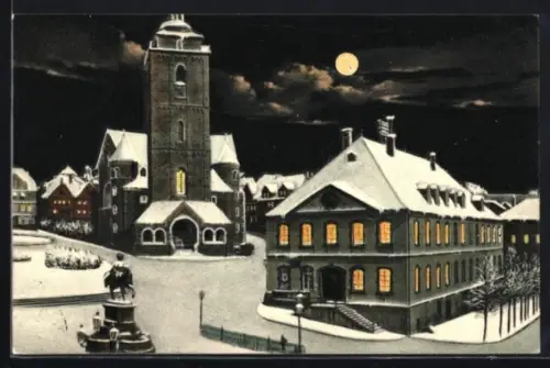 AK Siegen, Nicolaikirche, Rathaus und Kaiser Wilhelm-Denkmal bei Mondschein im Winter