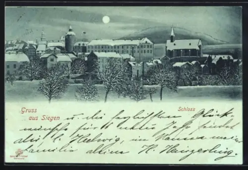Mondschein-AK Siegen, Schloss im Winter