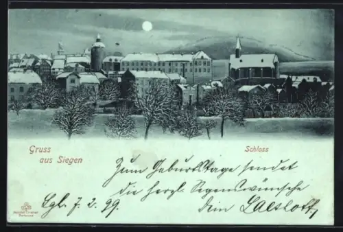 Mondschein-AK Siegen, Schloss im Winter
