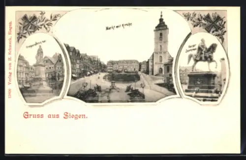 Lithographie Siegen, Markt mit Kirche, Kaiser-Denkmal, Kriegerdenkmal