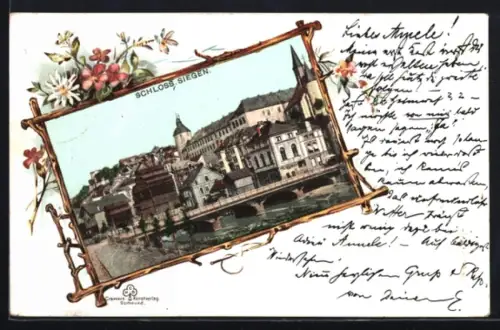 Lithographie Siegen, Schloss, Alpenblumen, Passepartout