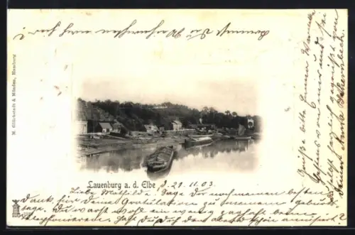 Präge-AK Lauenburg a. d. Elbe, Uferpartie mit Booten