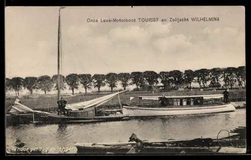 AK Luxe-Motorboot Tourist en Zeiljacht Wilhelmina, Dampfer