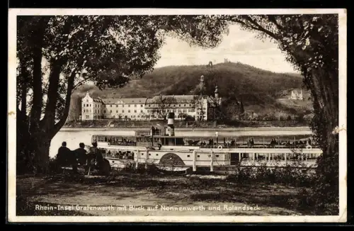AK Raddampfer Overstolz am Rheinufer, Blick auf Nonnenwerth und Rolandseck