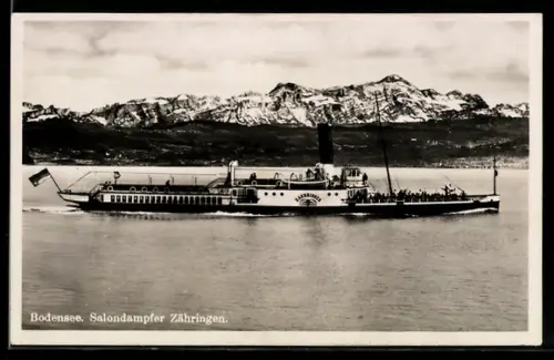 AK Salondampfer Zähringen auf dem Bodensee vor Gebirgspanorama