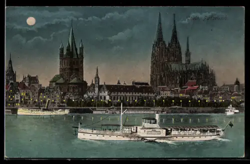 AK Köln, Panorama der Stadt mit Dom und Raddampfer Fürst Bismarck