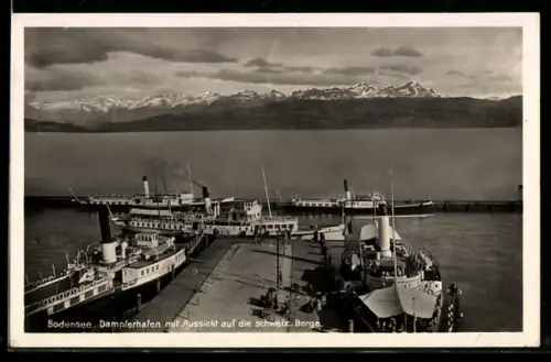 AK Dampfer Württemberg, Friedrichshafen, Koenig Wilhelm und Rhein im Hafen mit Aussicht auf die schweizer Berge