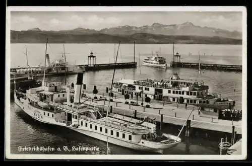 AK Dampfer Rhein, Friedrichshafen und Augsburg im Hafen von Friedrichshafen