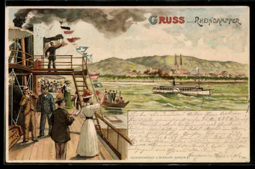 Lithographie Dampfer in Fahrt auf dem Rhein, Passagiere an Deck