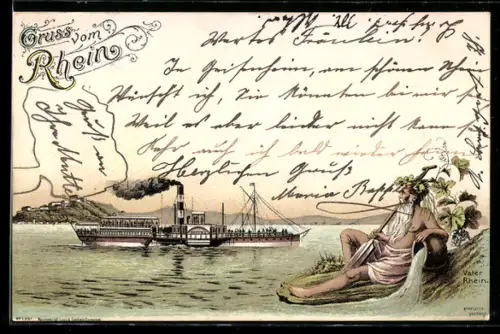 Lithographie Raddampfer Mainz in Fahrt auf dem Rhein, Vater Rhein am Ufer