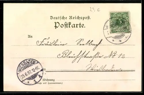 Lithographie Raddampfer Mainz in Fahrt auf dem Rhein, Vater Rhein am Ufer