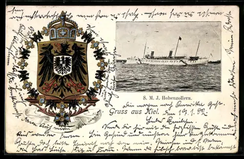 AK S.M. Jacht Hohenzollern in Seitenansicht, Wappen des Kaisers