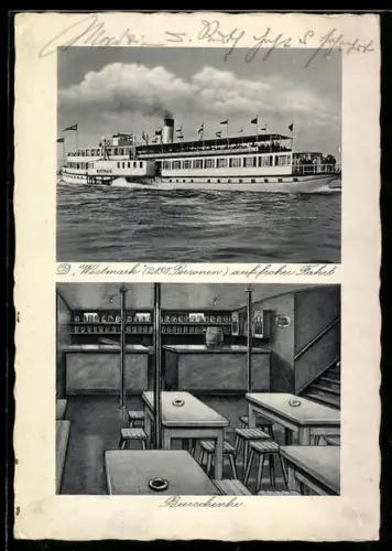 AK Dampfer Westmark der Duisburg-Ruhrorter Personenschiffahrt, Blick in die Bierschenke