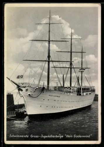 AK Schwimmende Gross-Jugendherberge Hein Godenwind im Hafen, -Fahne, Segelschiff