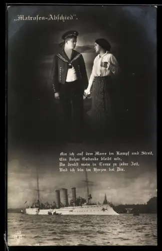 AK Matrose der Kaiserlichen Marine nimmt Abschied von seiner Liebsten, darunter Kleiner Kreuzer