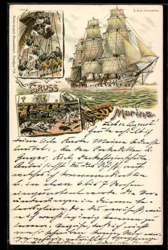 Lithographie Gedeckte Korvette S.M.S. Gneisenau vor der Küste, Szenen an Deck, Kriegsschiff