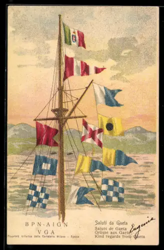 AK Signalflaggen BPN-AIGN-VGA am Mast aufgezogen