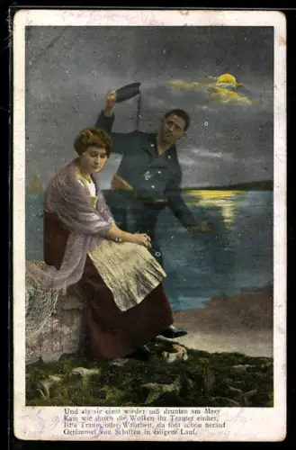 AK Matrose der Kaiserlichen Marine nimmt bei Mondschein Abschied von seiner Liebsten